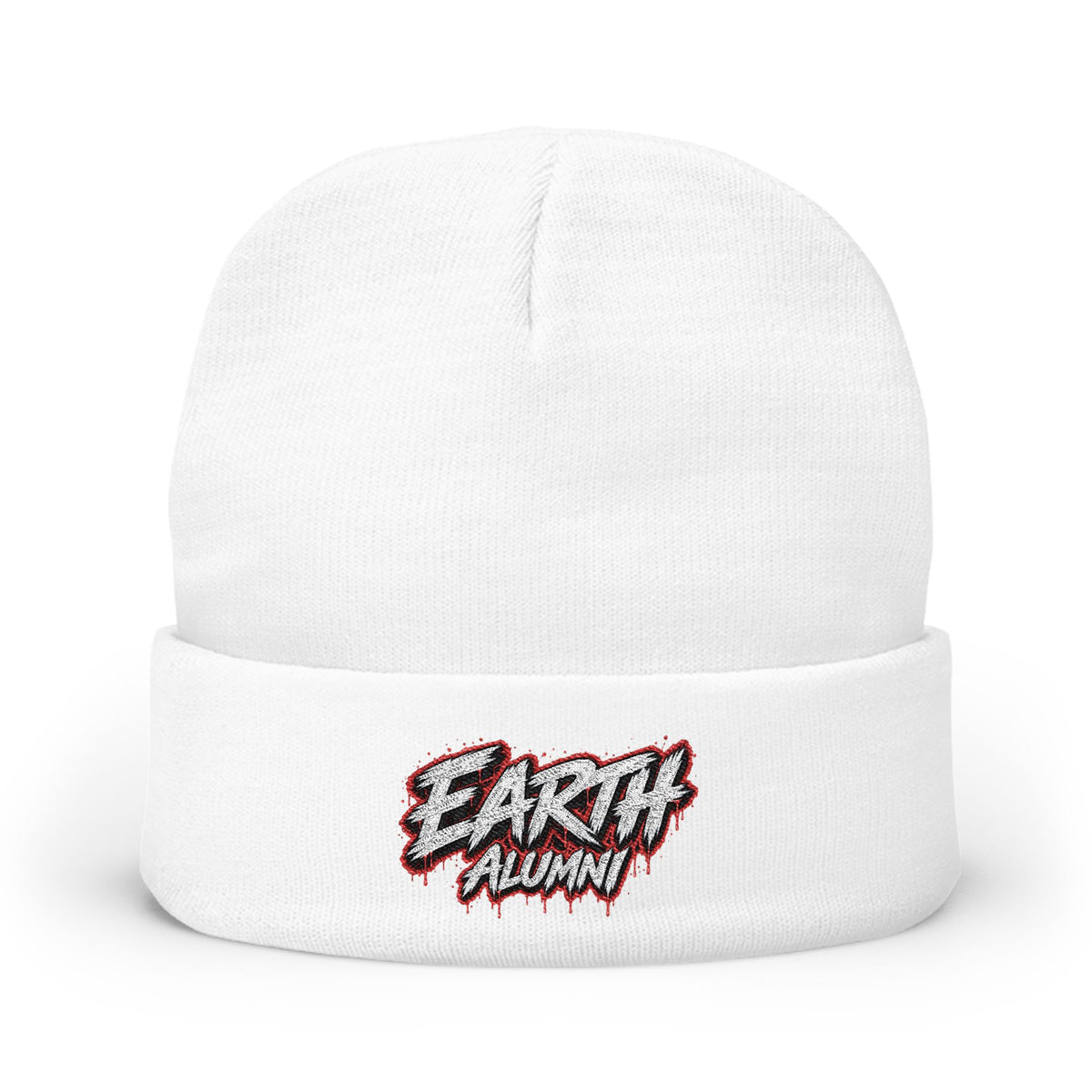Earth Alumni (Red) Embroidered Knit Beanie — Retro Grunge Patch Winter Hat