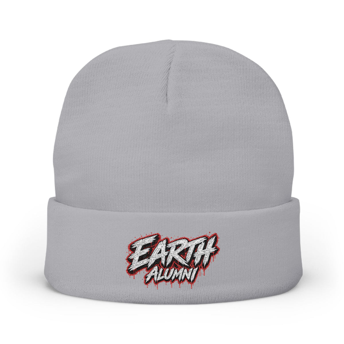 Earth Alumni (Red) Embroidered Knit Beanie — Retro Grunge Patch Winter Hat