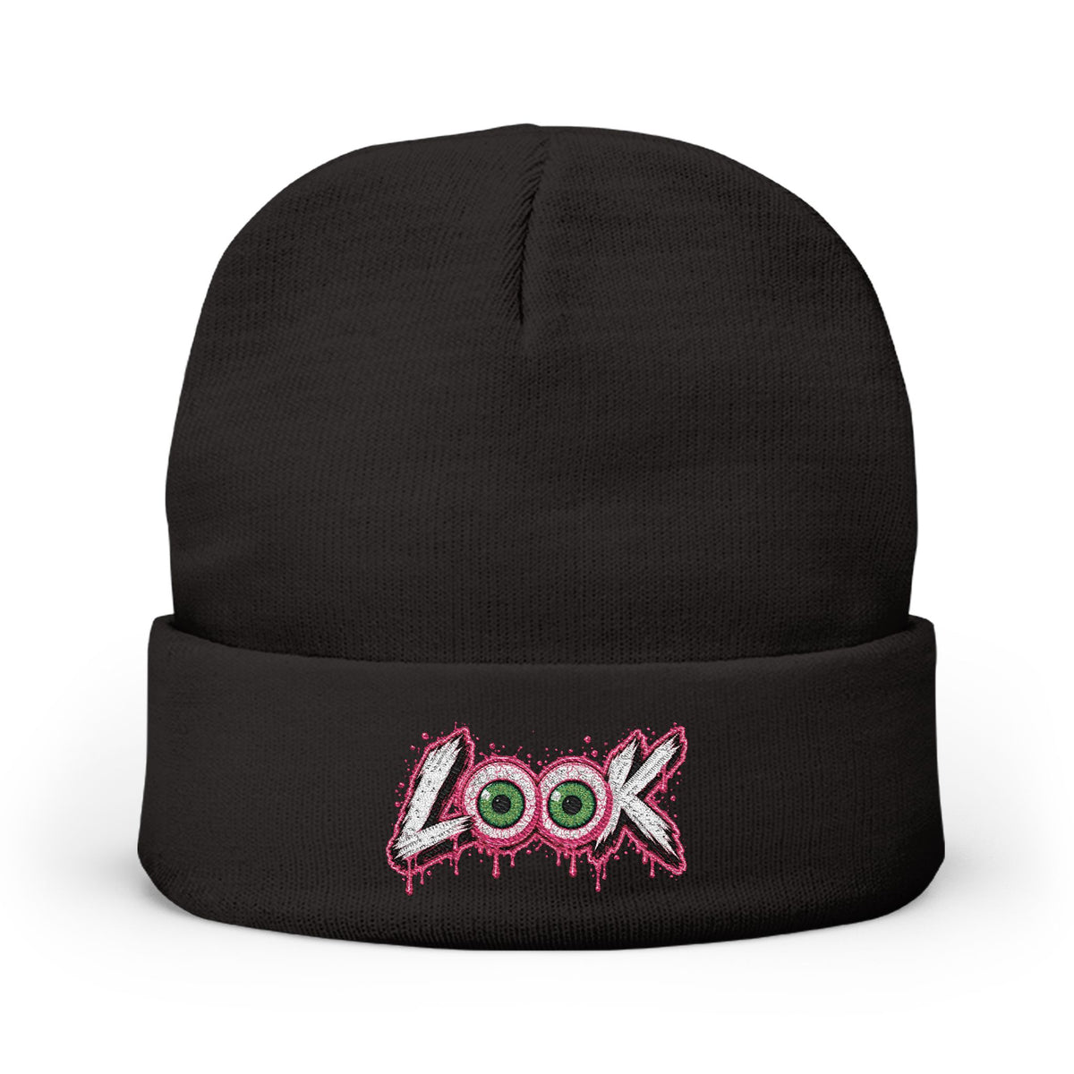 Embroidered (Pink) 'LOOK' Graphic Knit Beanie – Dripping Eye Streetwear Winter Hat