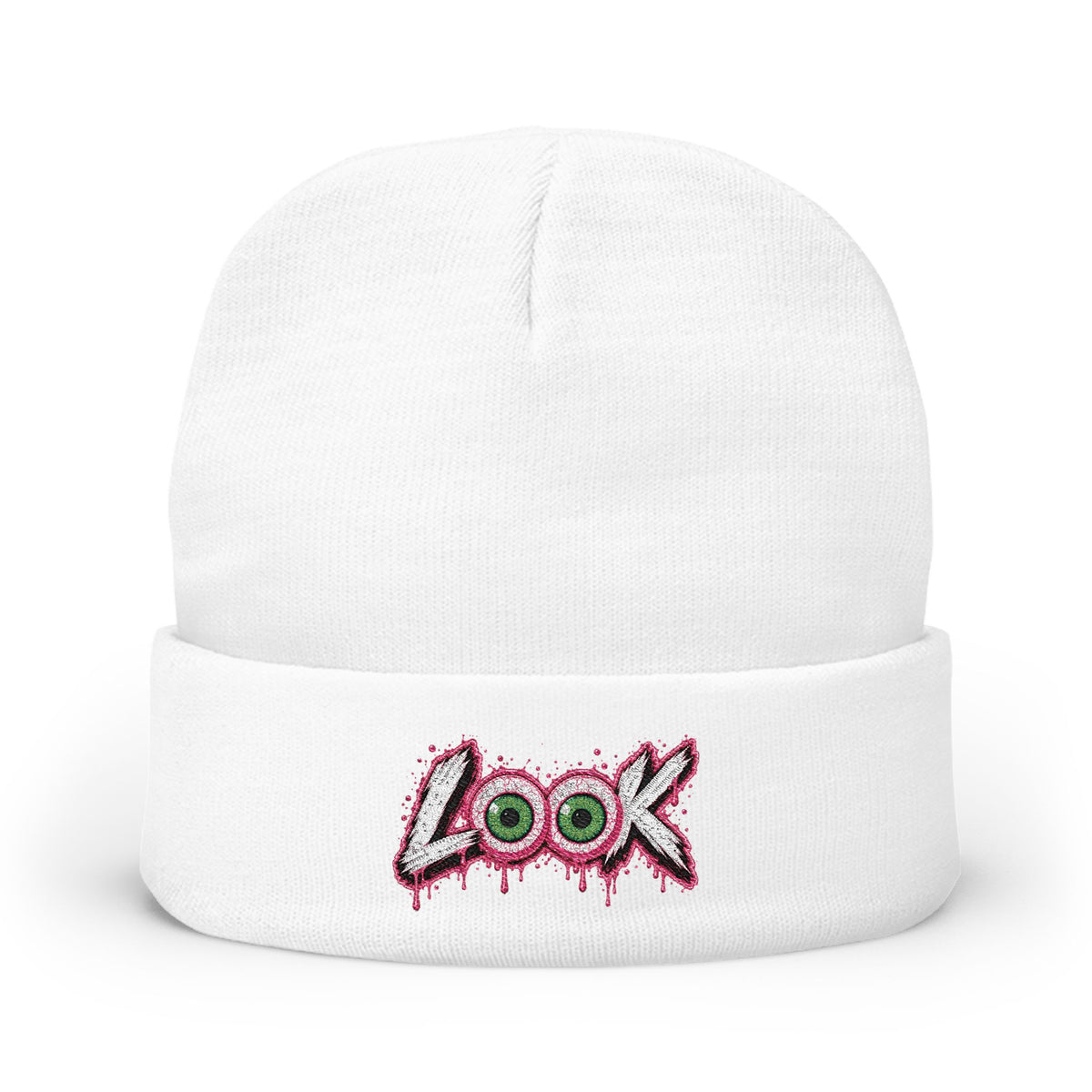 Embroidered (Pink) 'LOOK' Graphic Knit Beanie – Dripping Eye Streetwear Winter Hat
