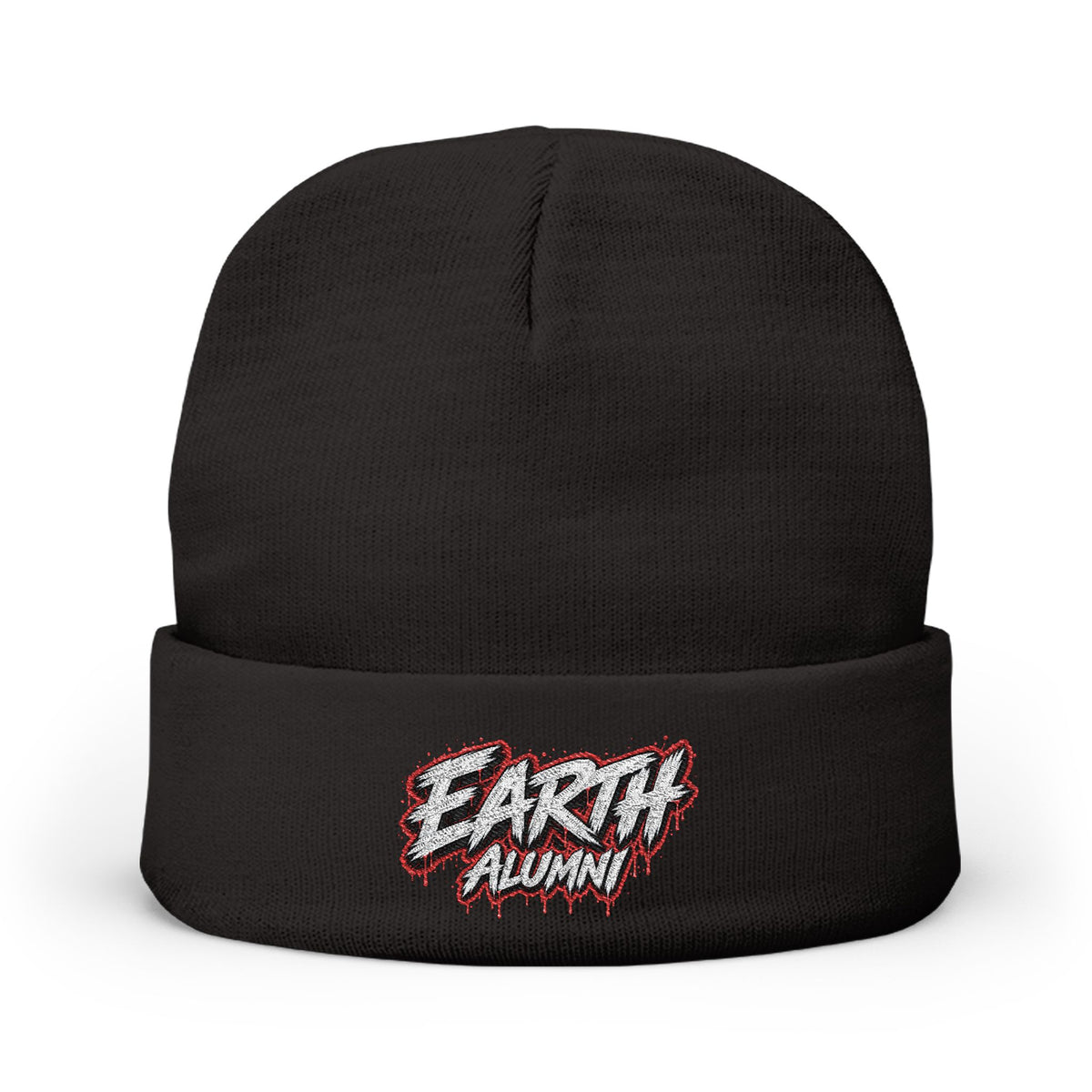 Earth Alumni (Red) Embroidered Knit Beanie — Retro Grunge Patch Winter Hat