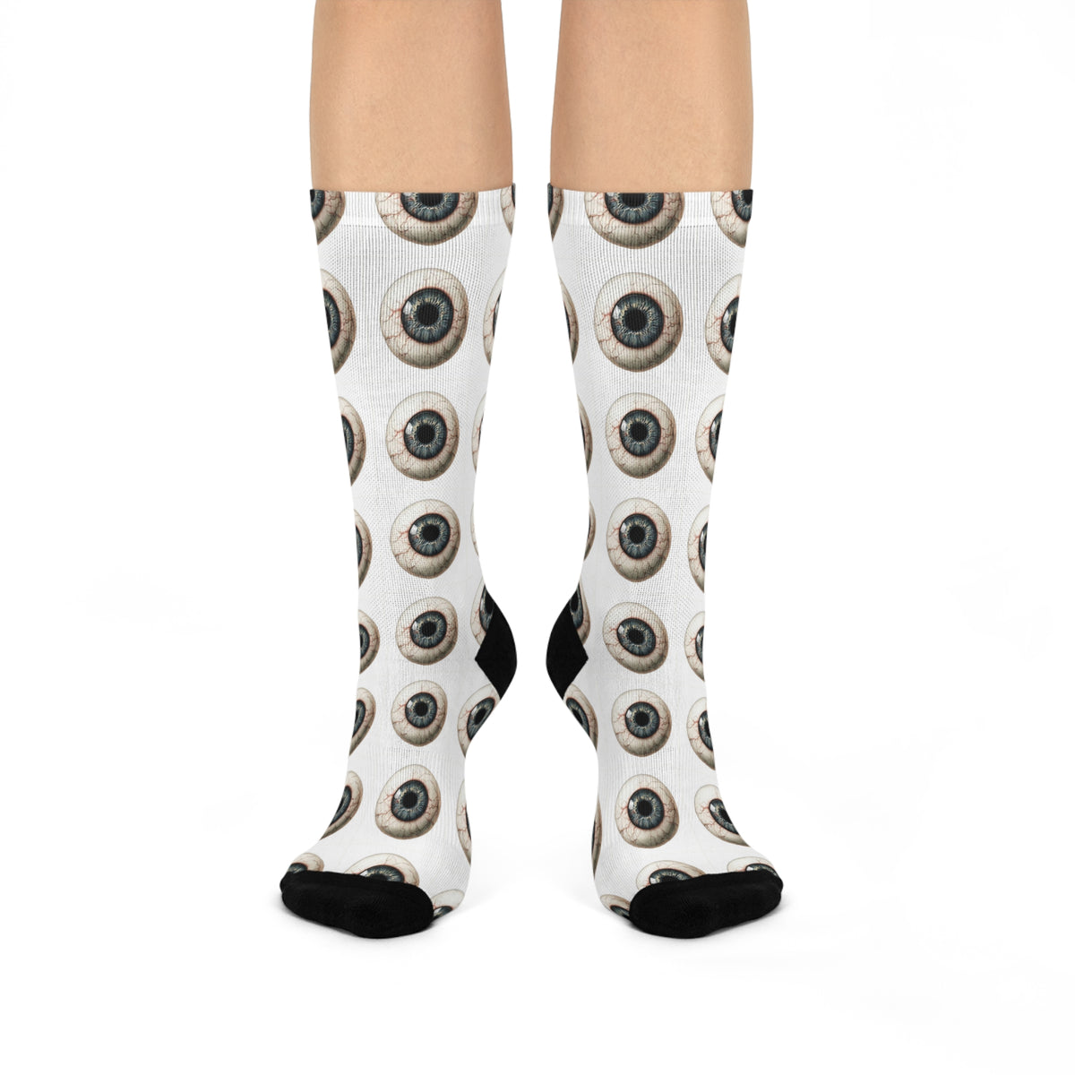 Eyeball Pattern Cushioned Crew Socks | Repeated Eye Design, White Background